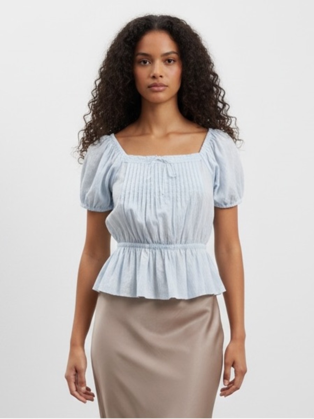 1390 • 100%Cotton Dot Weave Horizon Blue Puff Sleeve Defined Waist Pin Tuck Top - Picture 3 of 6